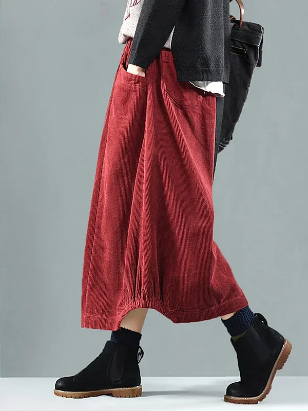 women-casual-elastic-waist-calf-length-fall-corduroy-skirt