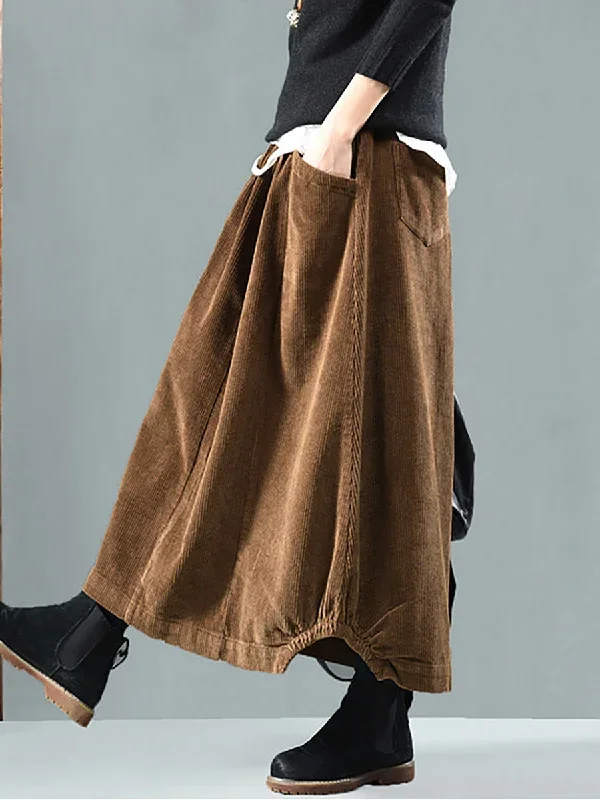 women-casual-elastic-waist-calf-length-fall-corduroy-skirt