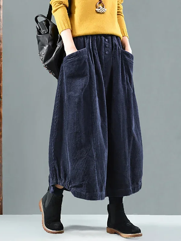 women-casual-elastic-waist-calf-length-fall-corduroy-skirt