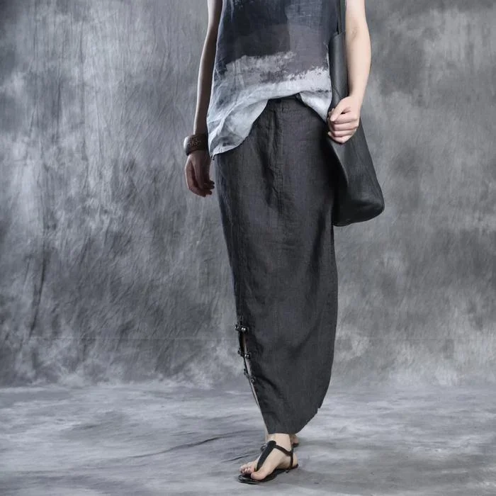 women-dark-gray-striped-linen-skirts-casual-fashion-side-open-maxi-skirt