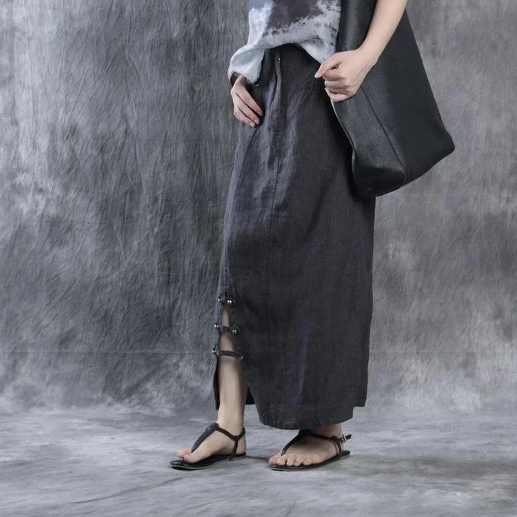 women-dark-gray-striped-linen-skirts-casual-fashion-side-open-maxi-skirt