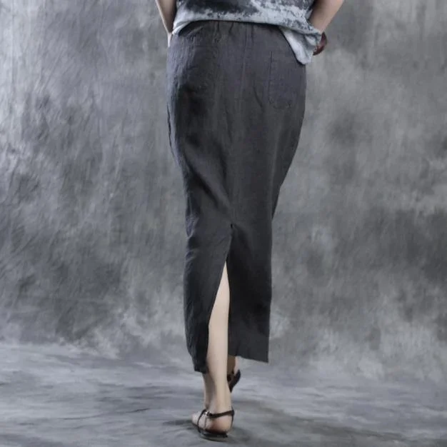 women-dark-gray-striped-linen-skirts-casual-fashion-side-open-maxi-skirt