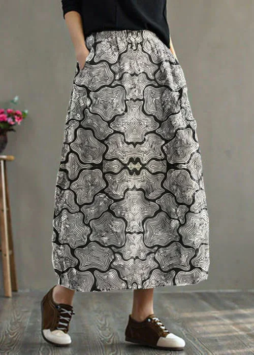 women-grey-floral-elastic-waist-patchwork-print-fine-cotton-filled-skirt-winter