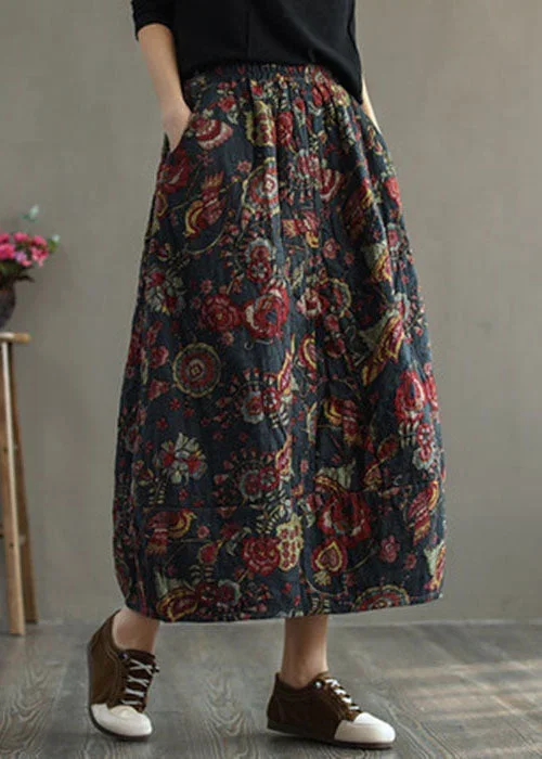 women-grey-floral-elastic-waist-patchwork-print-fine-cotton-filled-skirt-winter