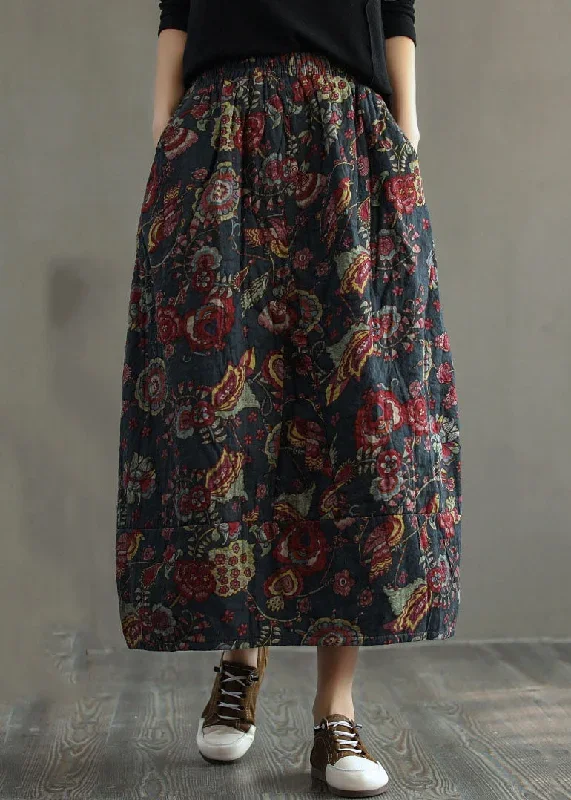 women-grey-floral-elastic-waist-patchwork-print-fine-cotton-filled-skirt-winter