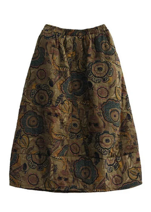 women-grey-floral-elastic-waist-patchwork-print-fine-cotton-filled-skirt-winter