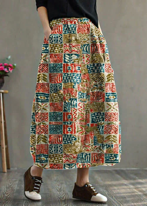 women-grey-floral-elastic-waist-patchwork-print-fine-cotton-filled-skirt-winter