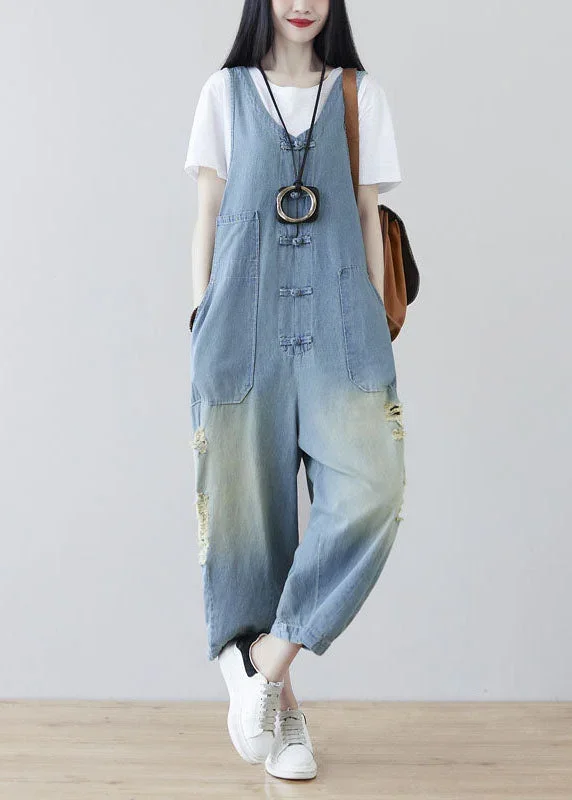 women-light-blue-oriental-button-ripped-cotton-denim-jumpsuit-spring