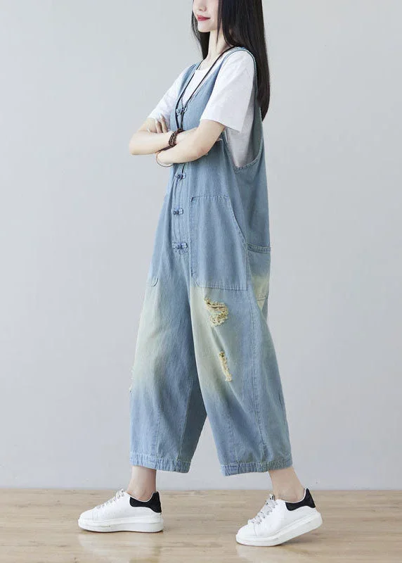 women-light-blue-oriental-button-ripped-cotton-denim-jumpsuit-spring