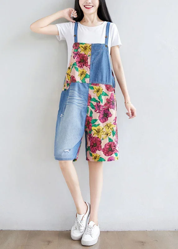 women-light-blue-patchwork-print-cotton-overalls-jumpsuit-shorts-summer