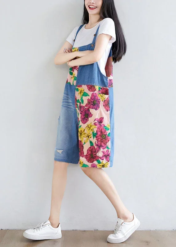 women-light-blue-patchwork-print-cotton-overalls-jumpsuit-shorts-summer