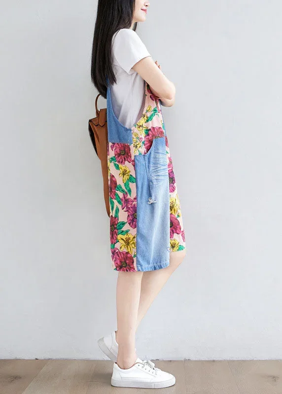 women-light-blue-patchwork-print-cotton-overalls-jumpsuit-shorts-summer