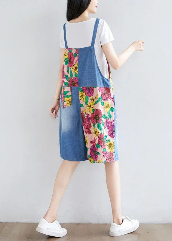 women-light-blue-patchwork-print-cotton-overalls-jumpsuit-shorts-summer