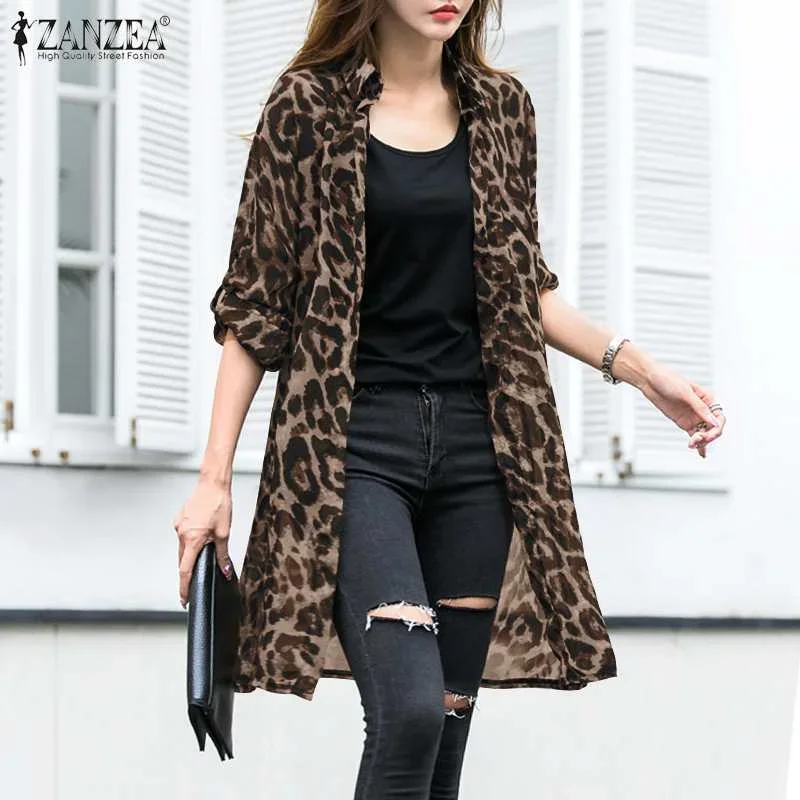 Women Long Sleeve Leopard Chiffon Blouse ZANZEA Fashion Summer Printed Cardigan Bohemian Shirts Casual Long Tops Beach Kimono