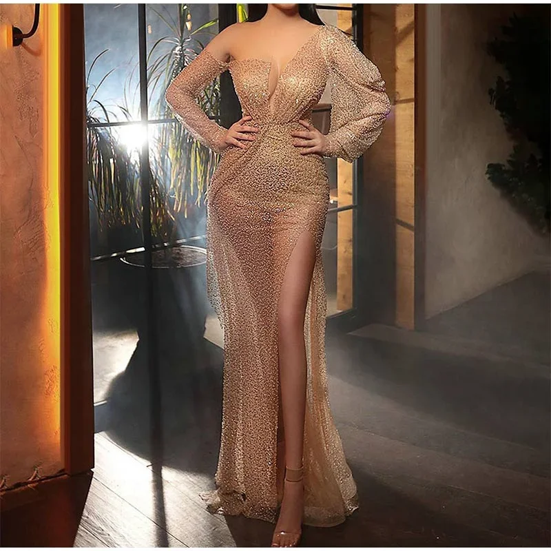 FashionSierra - Gold Stamping Night Party Long Sleeve Dress