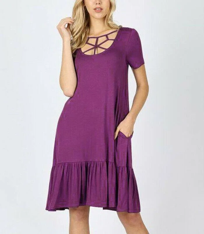 women-summer-boho-short-sleeve-mini-dress-ladies-party-beach-solid-casual-round-neck-pocket-dress-sundress