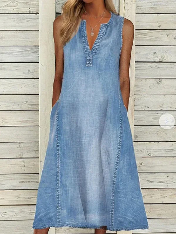 women-v-neck-sleeveless-midi-dress-spring-summer-denim-shrink-resistant-pockets