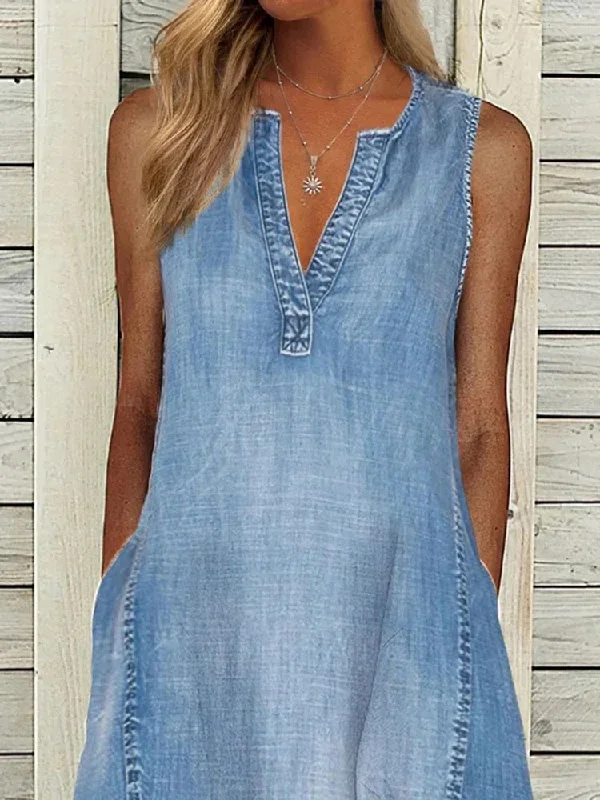 women-v-neck-sleeveless-midi-dress-spring-summer-denim-shrink-resistant-pockets