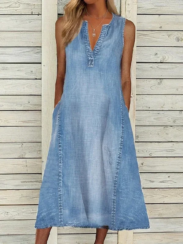 women-v-neck-sleeveless-midi-dress-spring-summer-denim-shrink-resistant-pockets