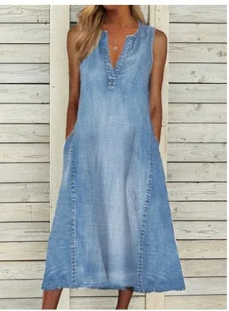 women-v-neck-sleeveless-midi-dress-spring-summer-denim-shrink-resistant-pockets