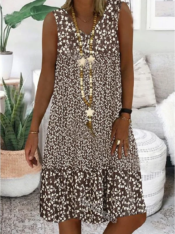 CityHottie - Women's Casual Dress Shift Dress Midi Dress Brown Sleeveless Floral Print Spring Summer V Neck Basic Daily Weekend 2024 S M L XL XXL 3XL