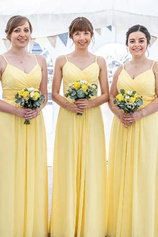 Yellow Chiffon Spaghetti Straps A-Line Long Bridesmaid Dress