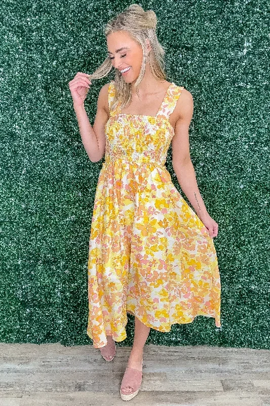 Yellow Floral Print Smocked Detail Midi Dress