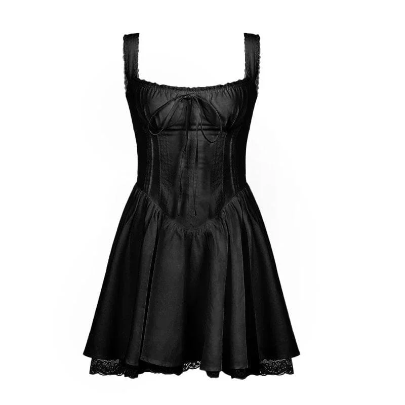 zip-up-lace-hem-ruched-square-neck-backless-solid-mini-dress